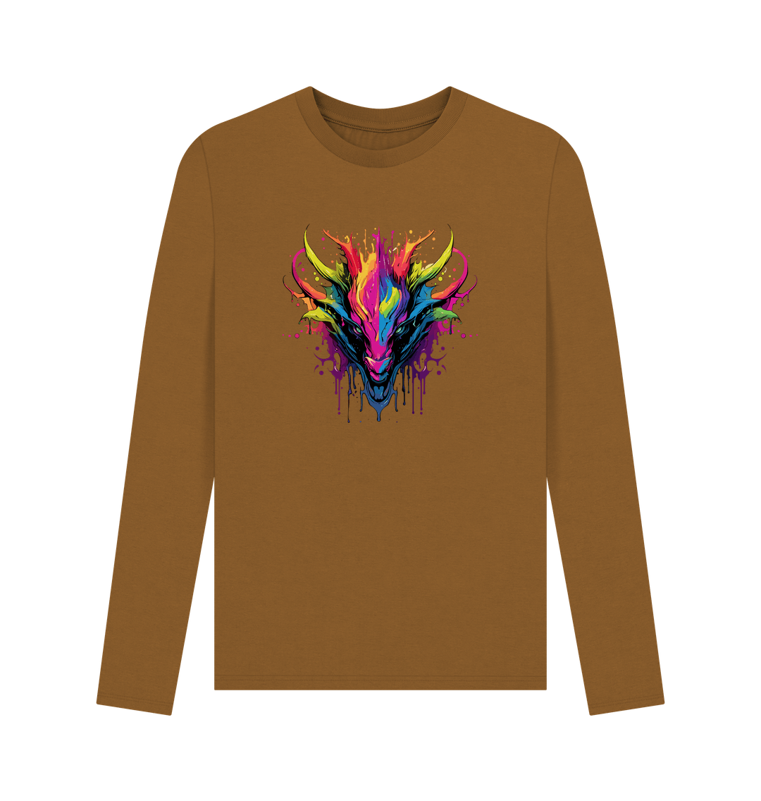 Brown long-sleeved t-shirt with colorful dragon design