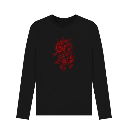 Black long-sleeved t-shirt with red dragon design
