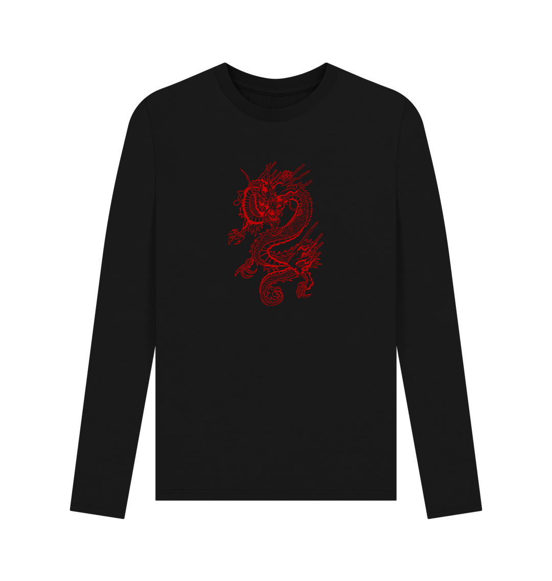 Black long-sleeved t-shirt with red dragon design