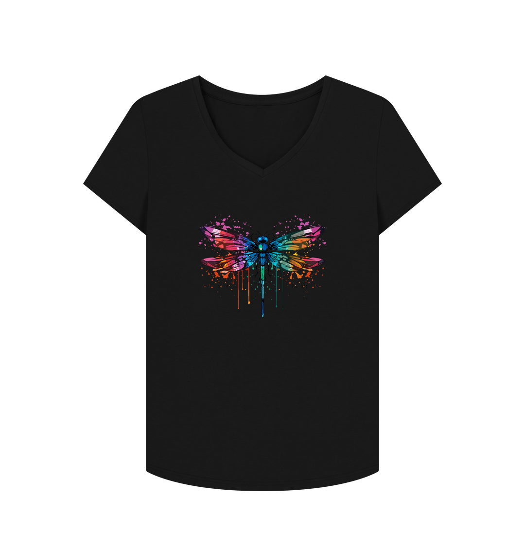 Black V-neck t-shirt with colorful dragonfly design