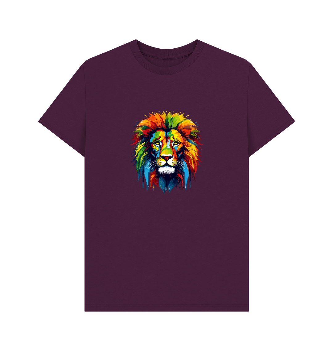 Maroon t-shirt with colorful lion graphic