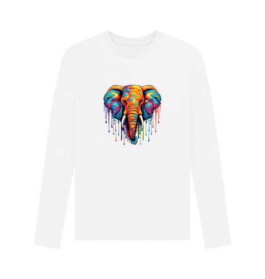 White long-sleeved t-shirt with colorful elephant graphic