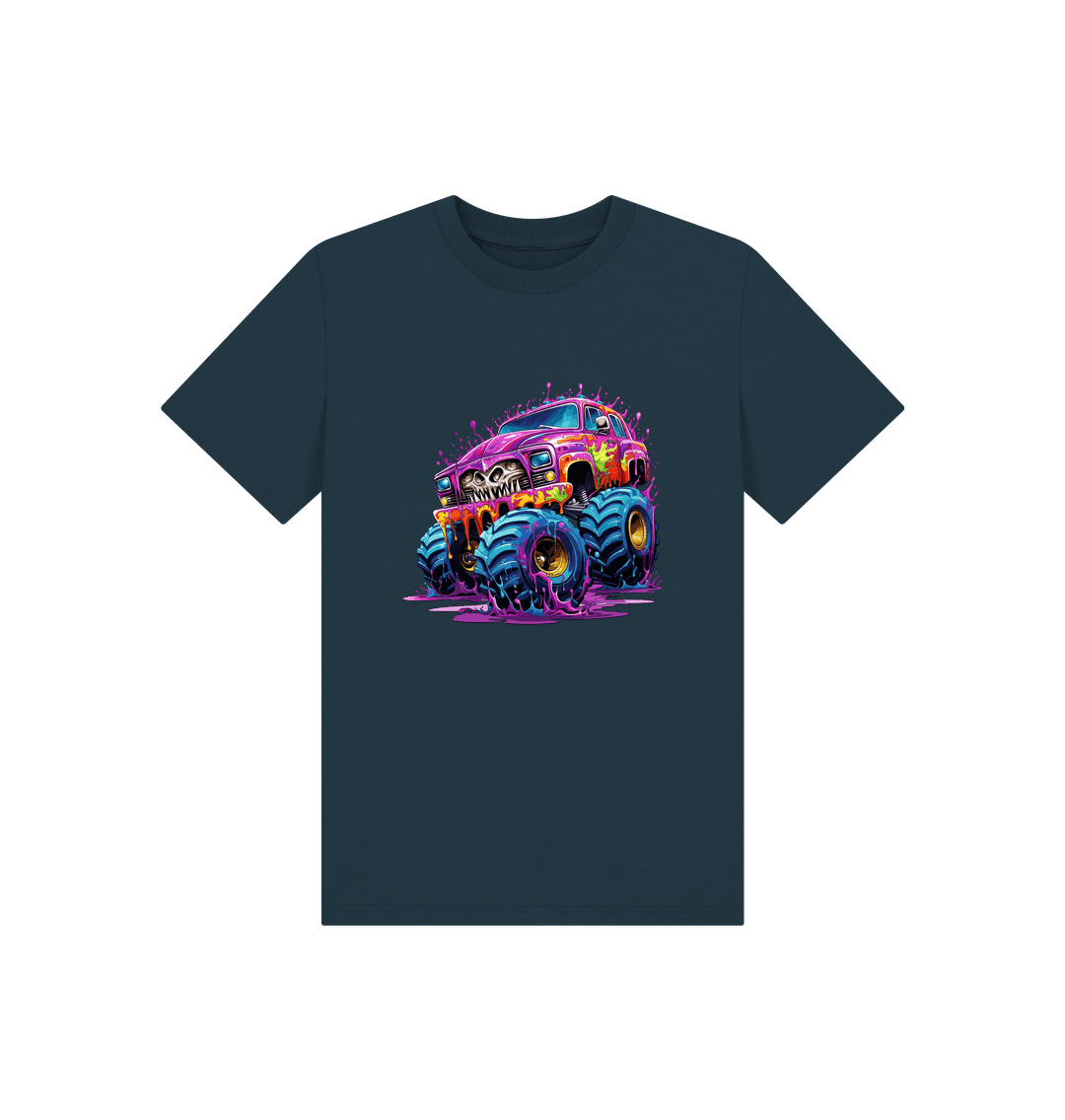 Dark blue t-shirt with colorful monster truck graphic