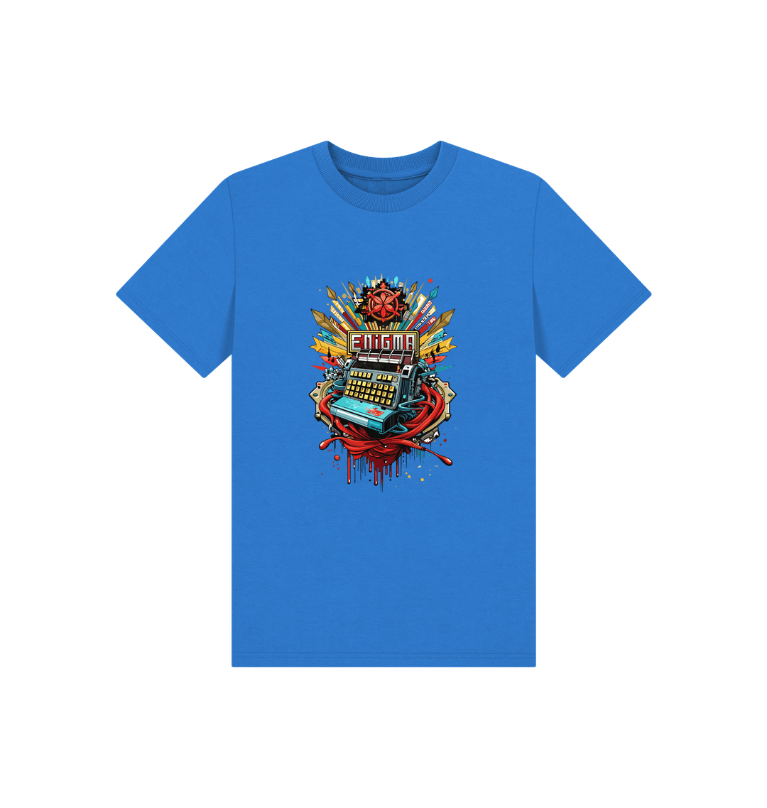 Blue t-shirt with "ENIGMA" graphic