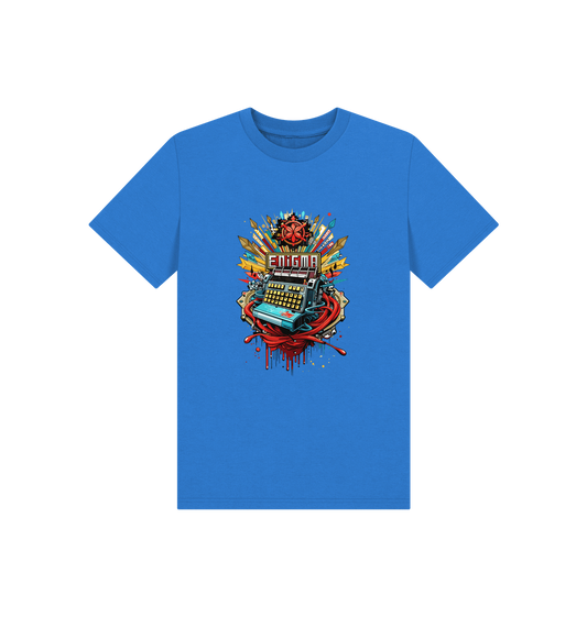 Blue t-shirt with "ENIGMA" graphic