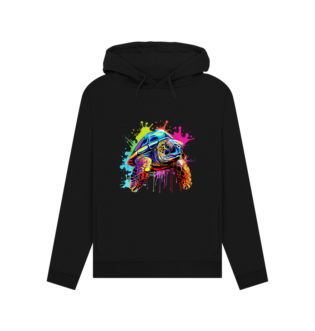 Black hoodie with colorful turtle graphic