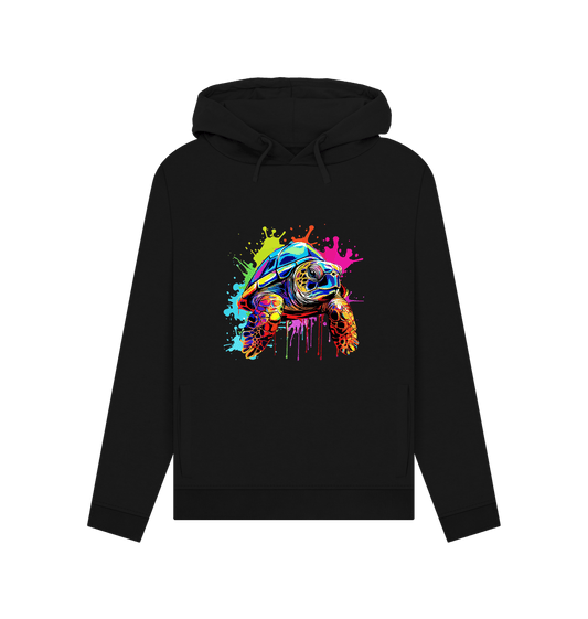 Black hoodie with colorful turtle graphic