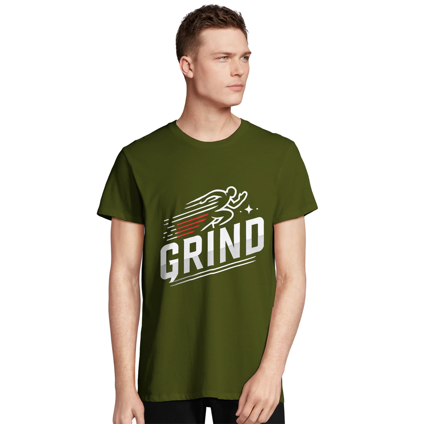 Olive green t-shirt with "GRIND" graphic (person)