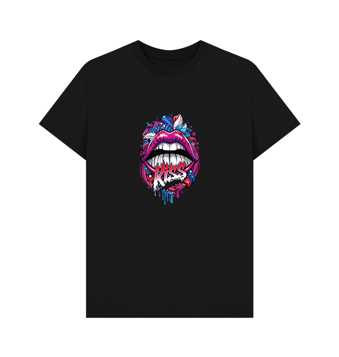 Black t-shirt with colorful lips graphic