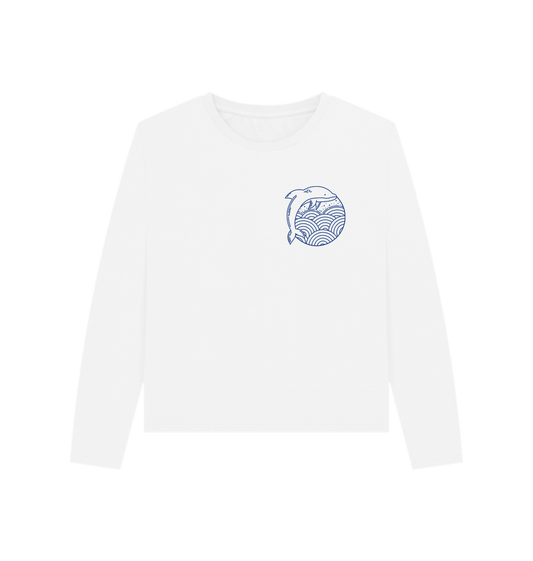 White long-sleeved t-shirt with dolphin and wave design