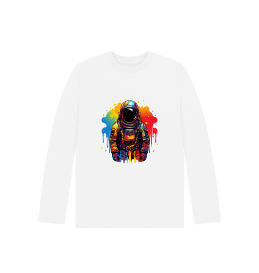 White long-sleeved t-shirt with colorful astronaut graphic