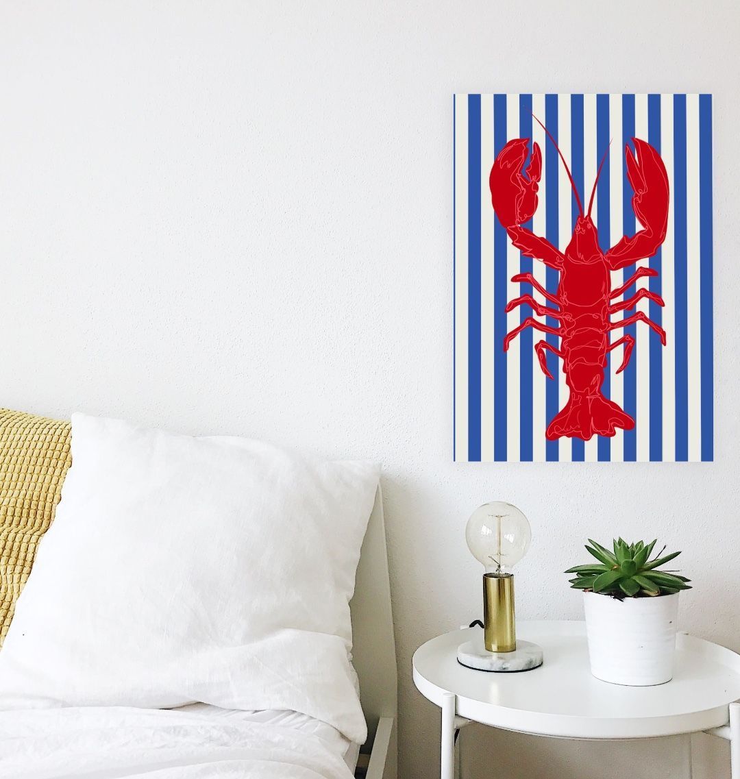 Lobster wall art with blue and white stripes