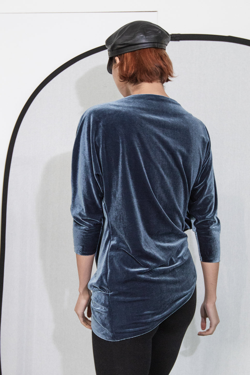 Blue velvet long-sleeve top (person)