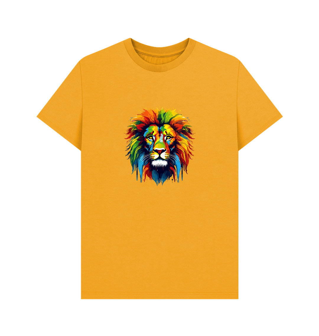Yellow t-shirt with colorful lion graphic