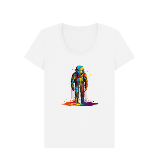 White t-shirt with colorful astronaut graphic