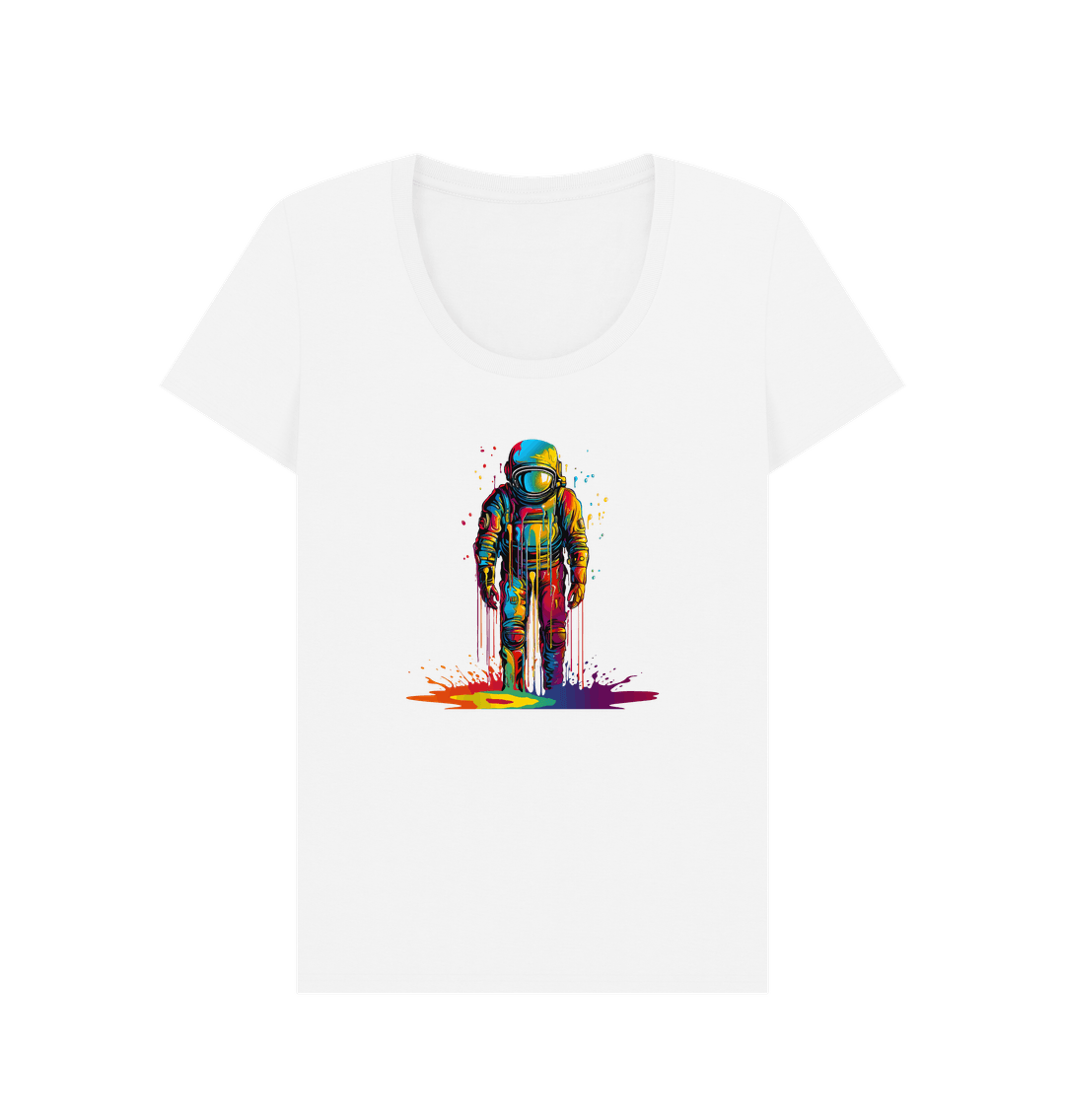 White t-shirt with colorful astronaut graphic