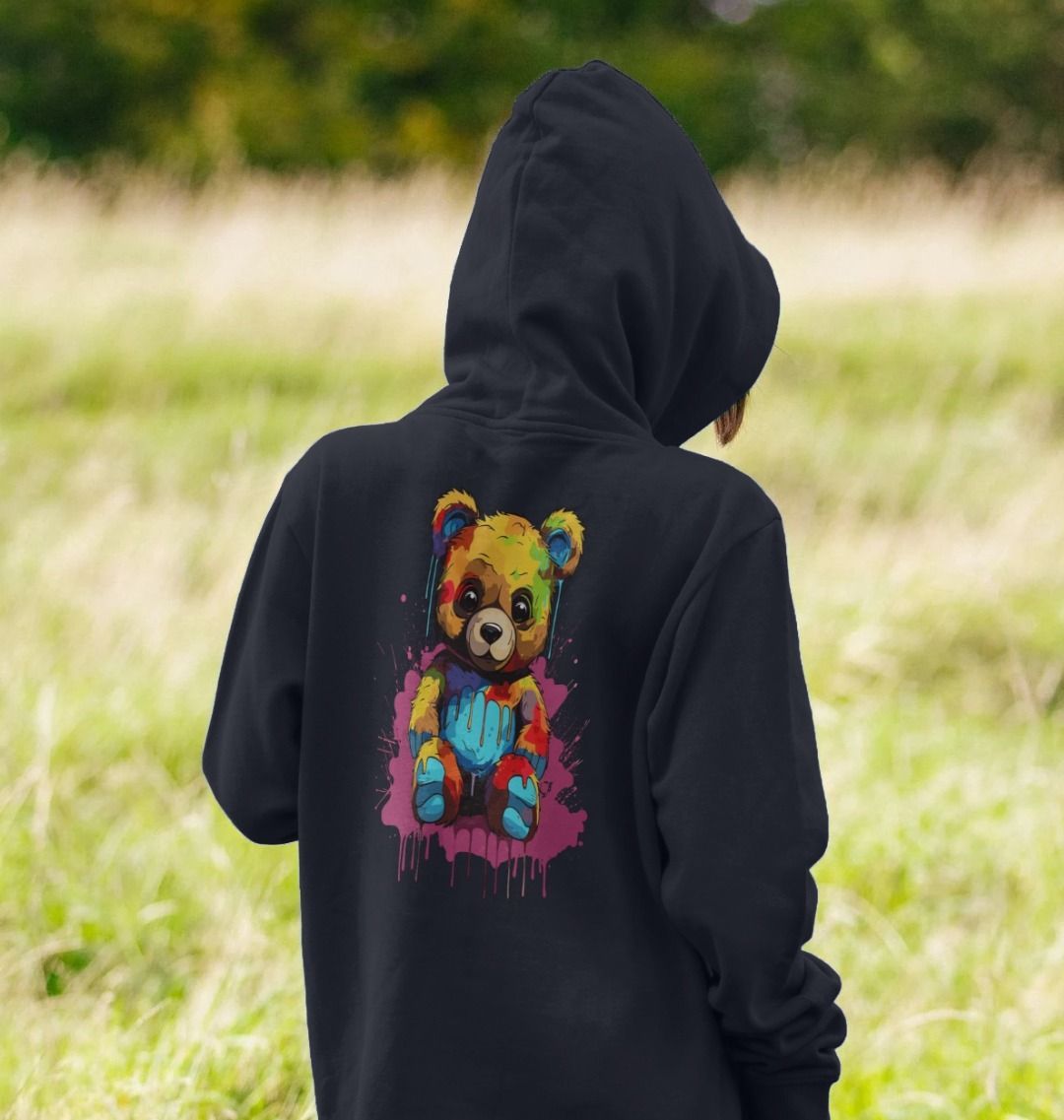 Black hoodie with colorful teddy bear design (person)