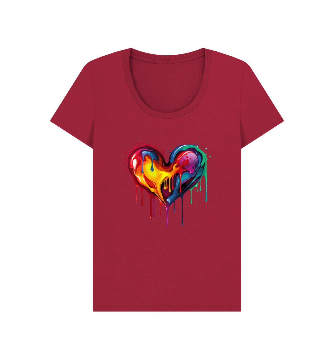 Red t-shirt with colorful dripping heart design