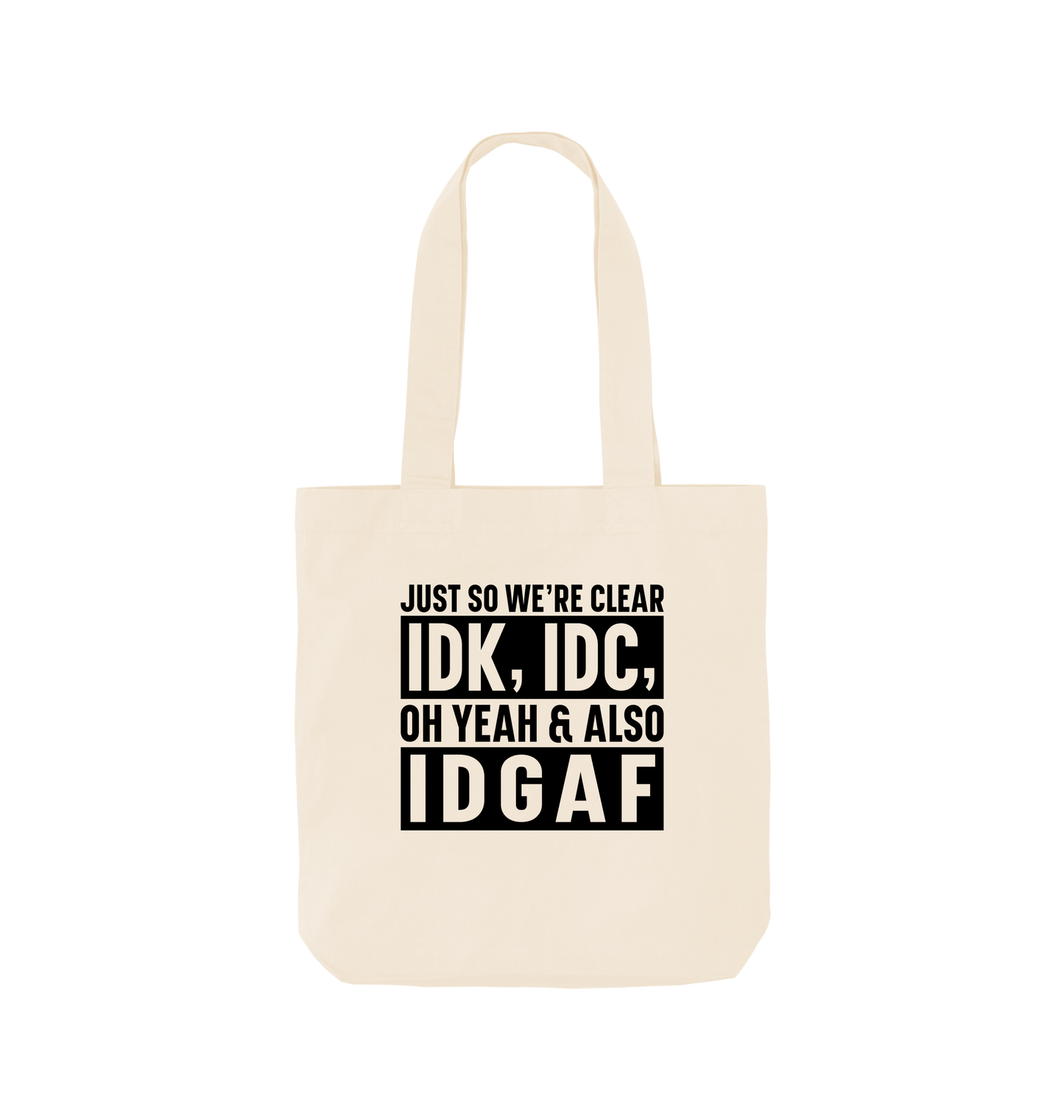 White tote bag with text design