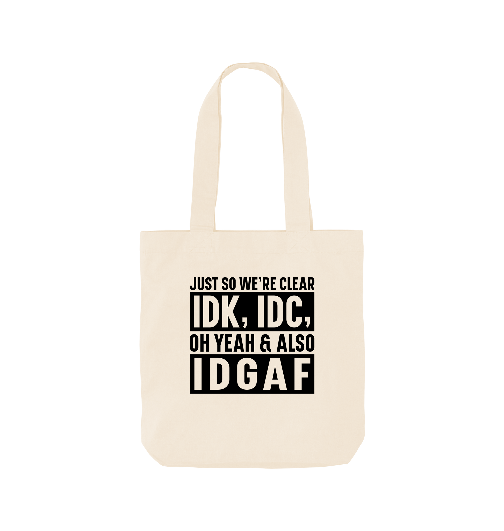 White tote bag with text design