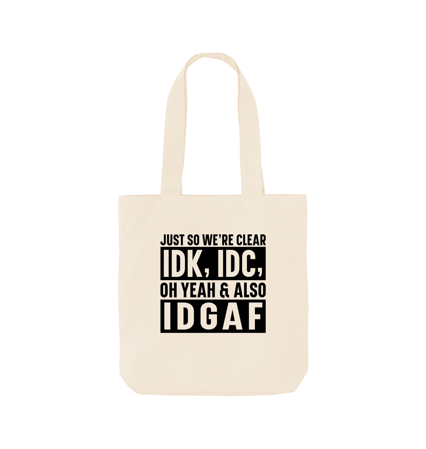 White tote bag with text design