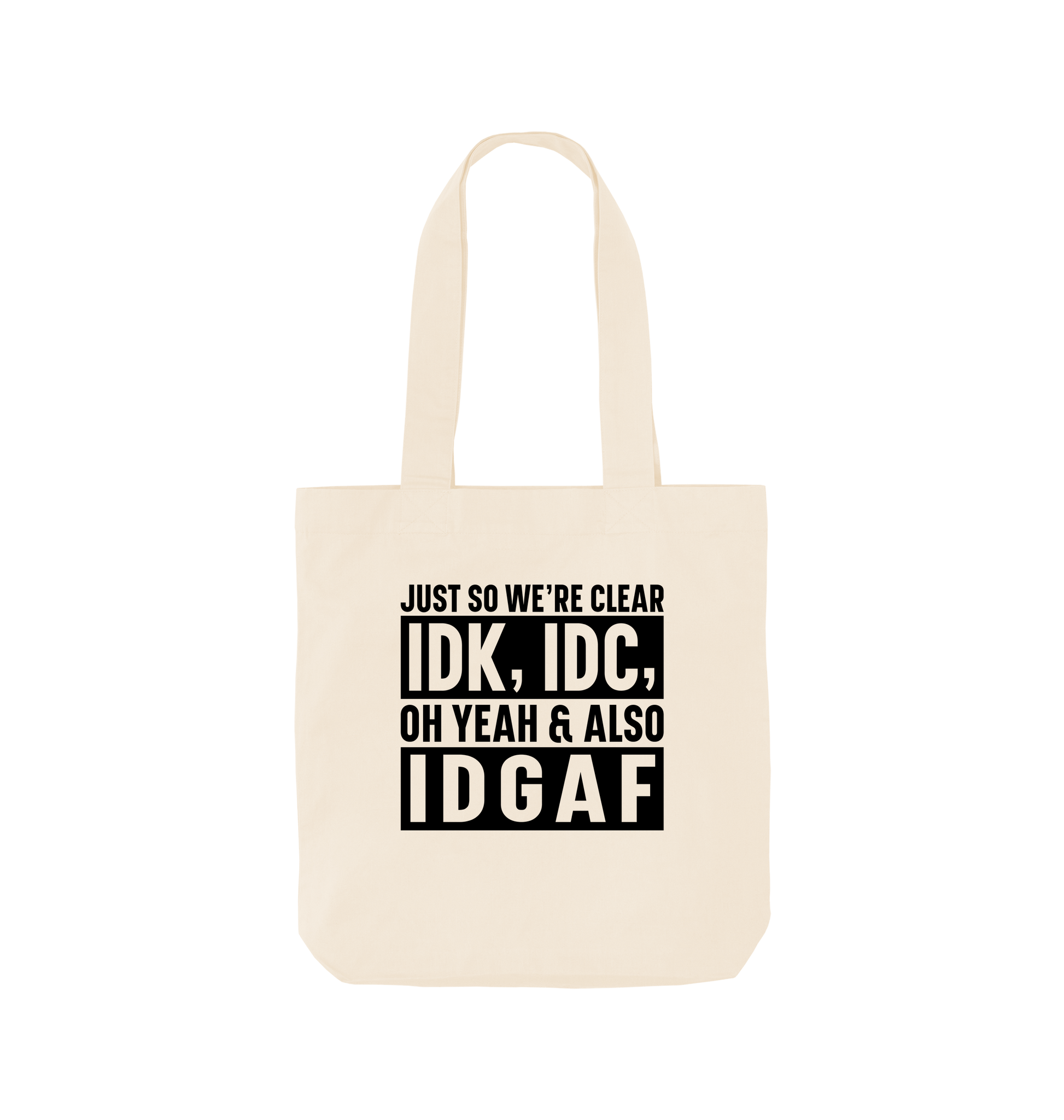 White tote bag with text design