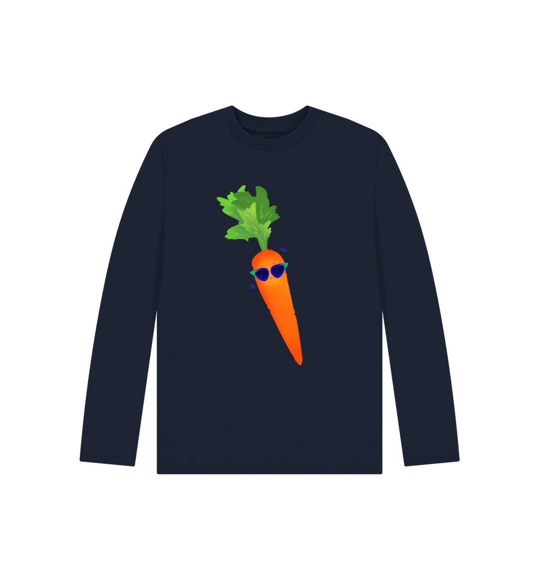 Navy long-sleeved t-shirt with carrot graphic