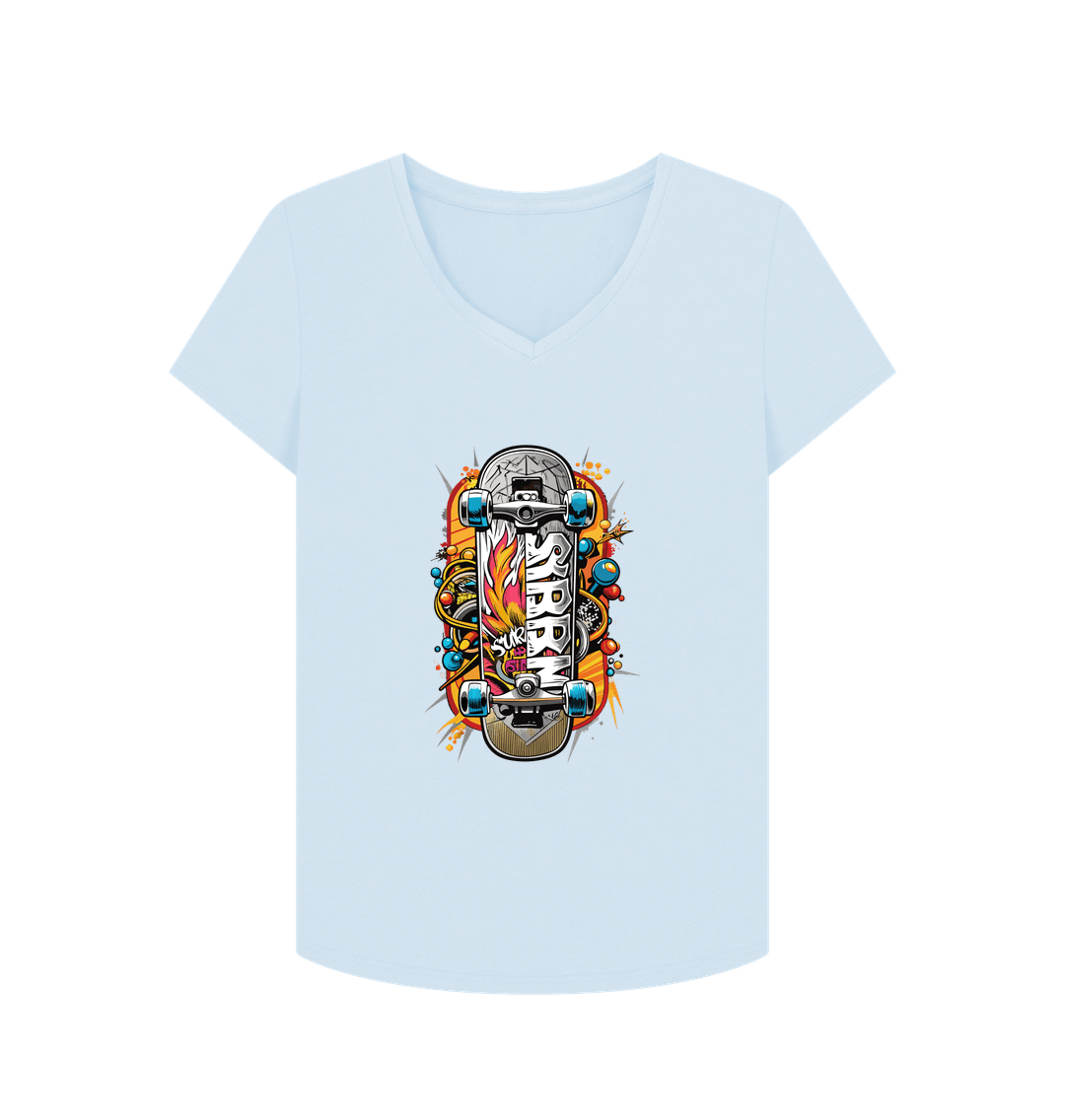 White V-neck t-shirt with skateboard graphic