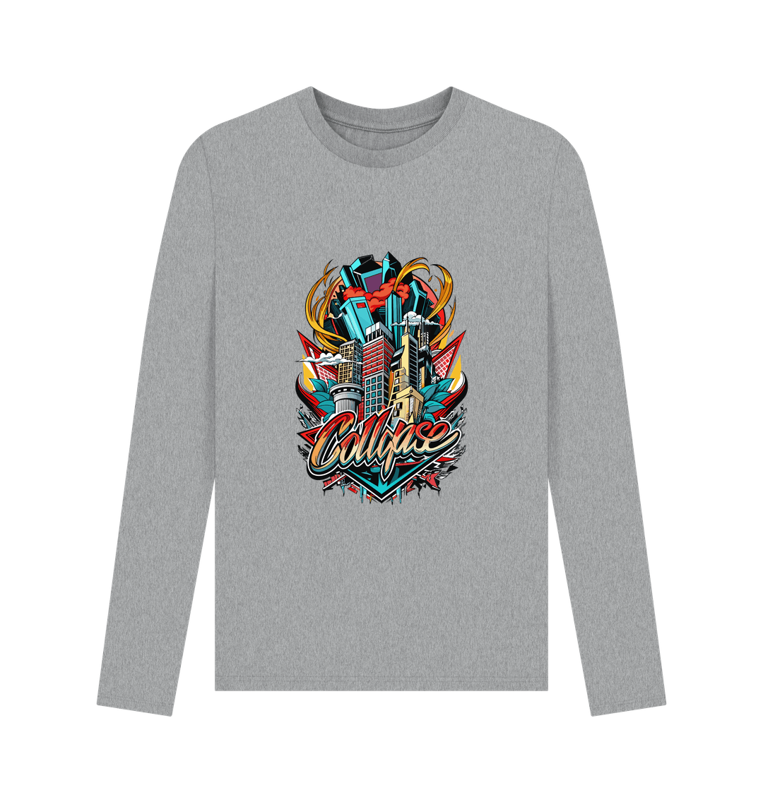 Gray long-sleeved t-shirt with cityscape graphic