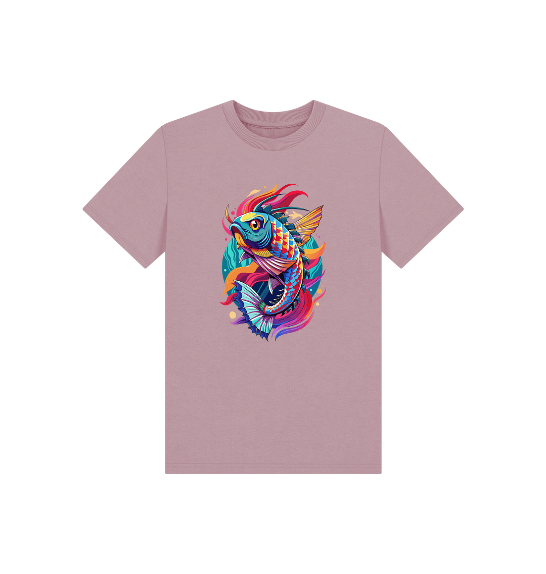 Pink t-shirt with colorful fish graphic