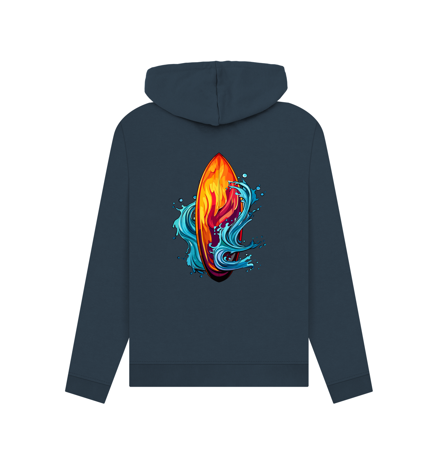 Dark blue hoodie with surfboard graphic