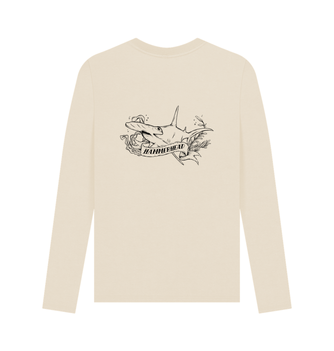 Cream long-sleeved shirt with hammerhead shark graphic