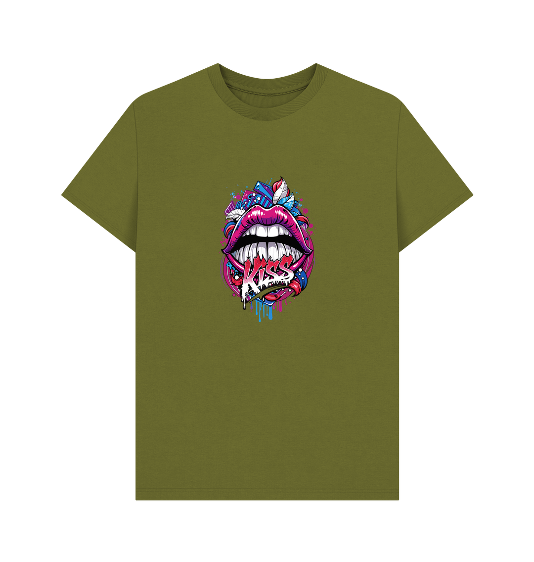 Olive green t-shirt with colorful lips graphic