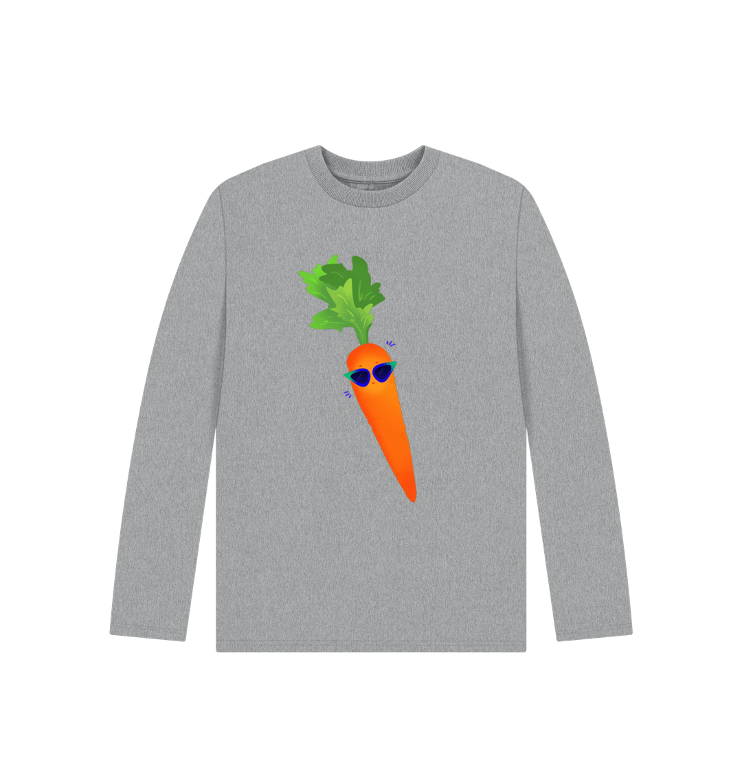 Gray long-sleeved t-shirt with carrot graphic