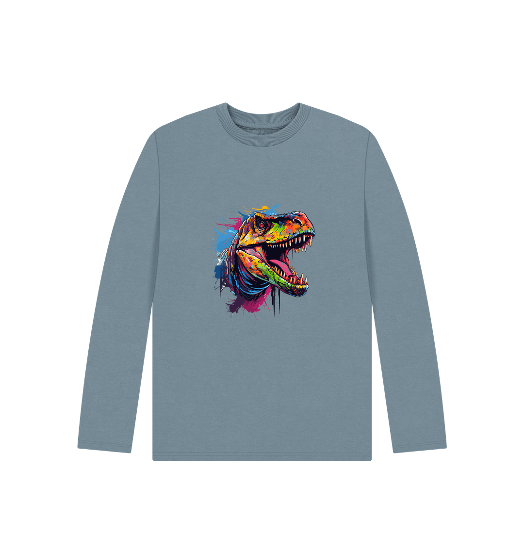 Gray long-sleeved t-shirt with colorful dinosaur graphic