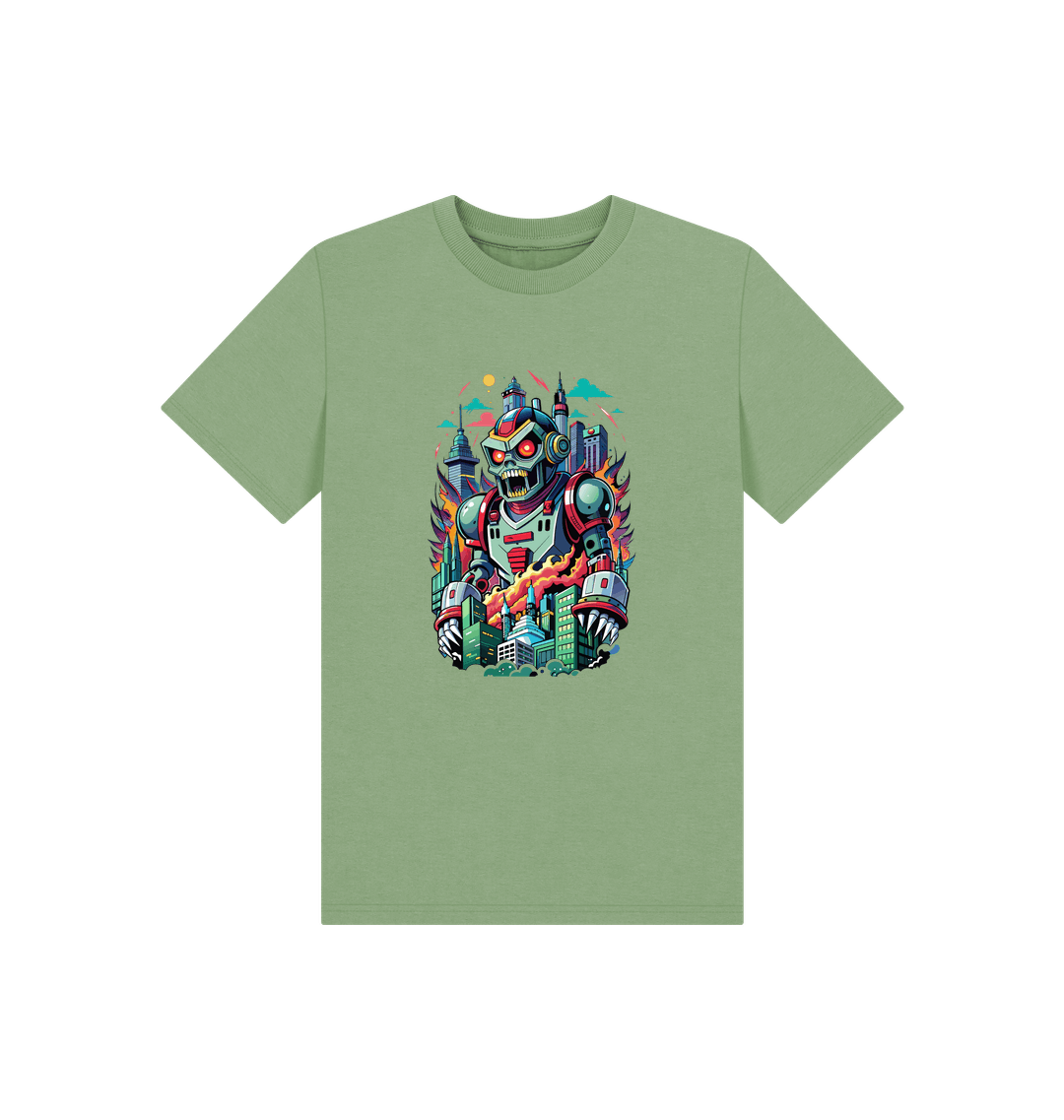 Green t-shirt with robot and city design