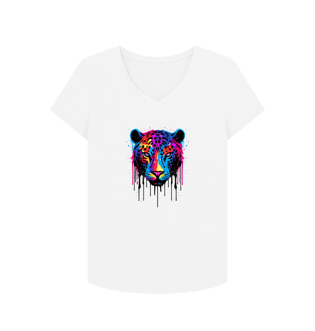 White V-neck t-shirt with colorful leopard print