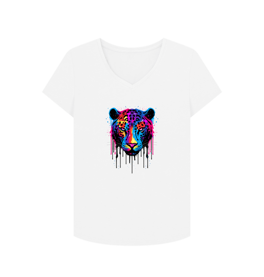 White V-neck t-shirt with colorful leopard print
