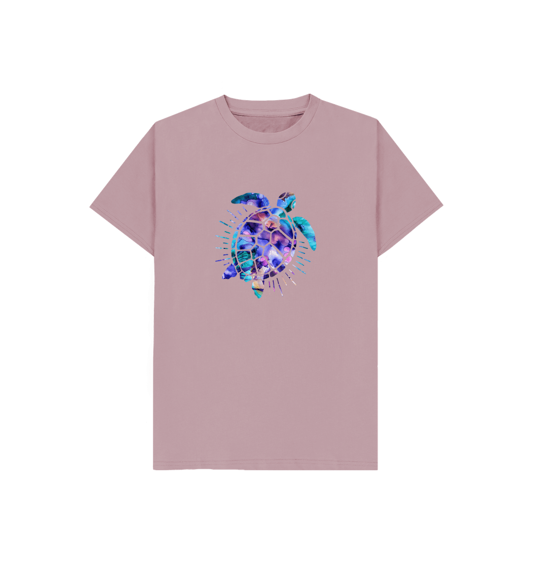 Pink t-shirt with colorful turtle graphic