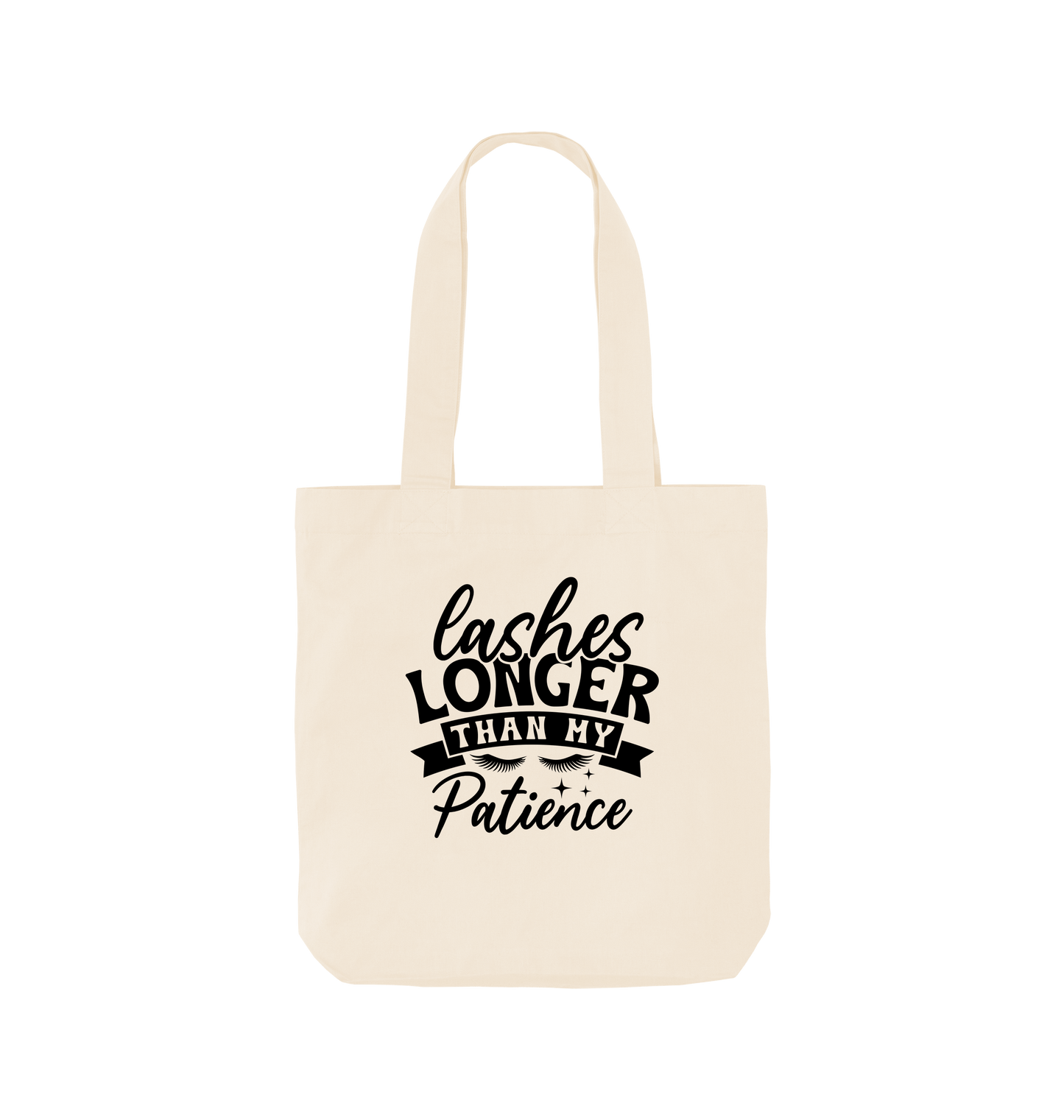White tote bag with "Lashes Longer Than My Patience" text