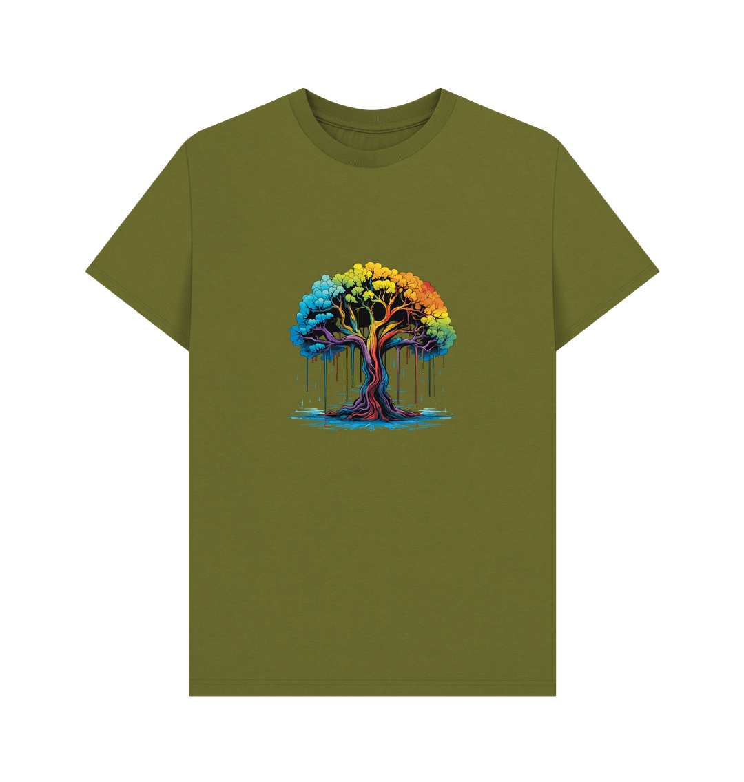 Olive green t-shirt with colorful dripping tree design