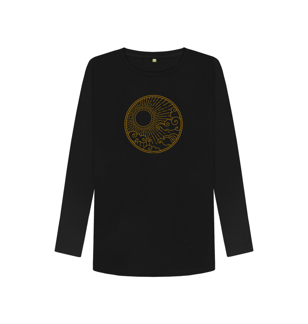 Black long-sleeved t-shirt with gold circular design