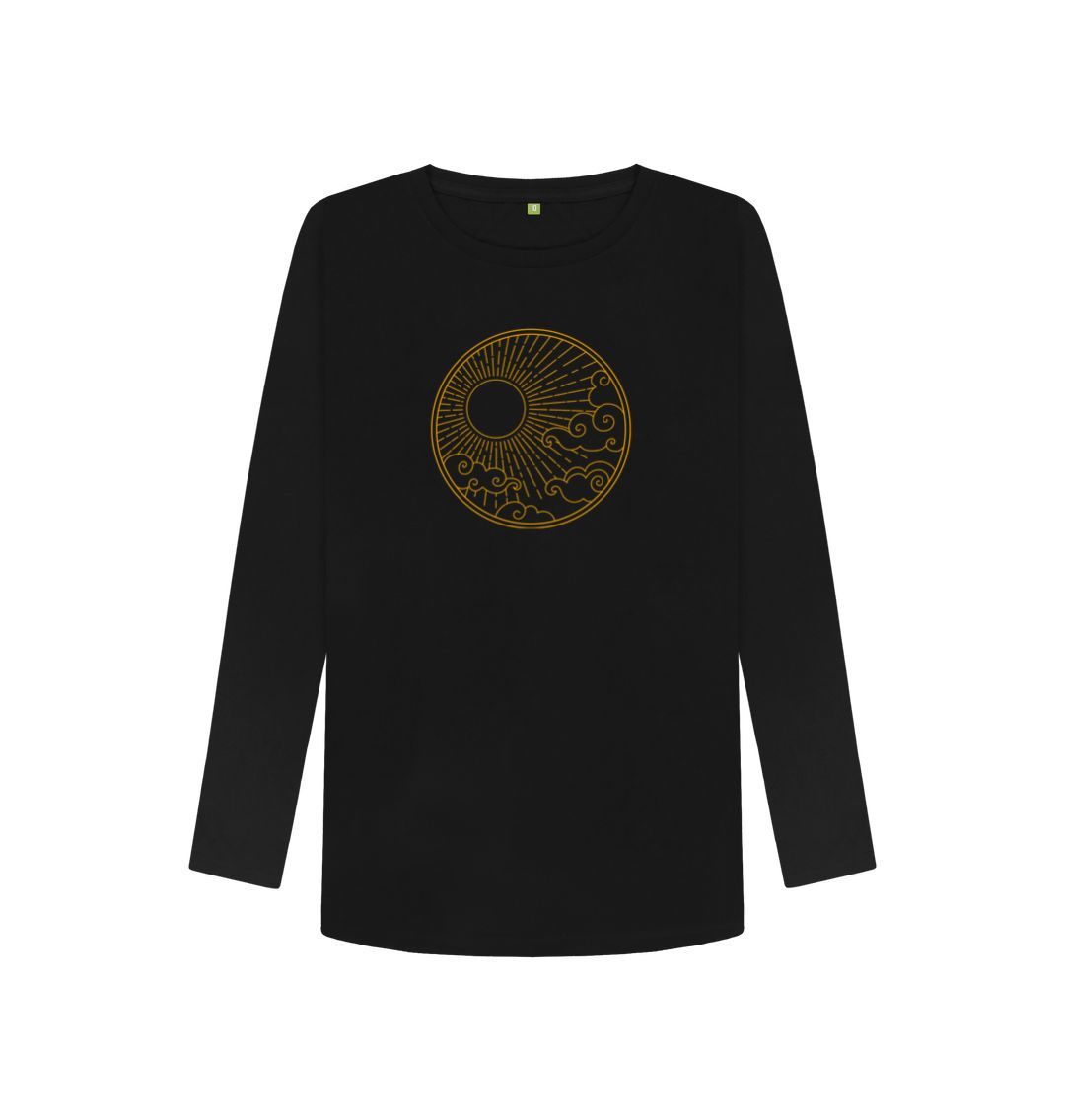 Black long-sleeved t-shirt with gold circular design