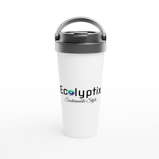 White travel mug with "Ecolyptix Sustainable Style" logo