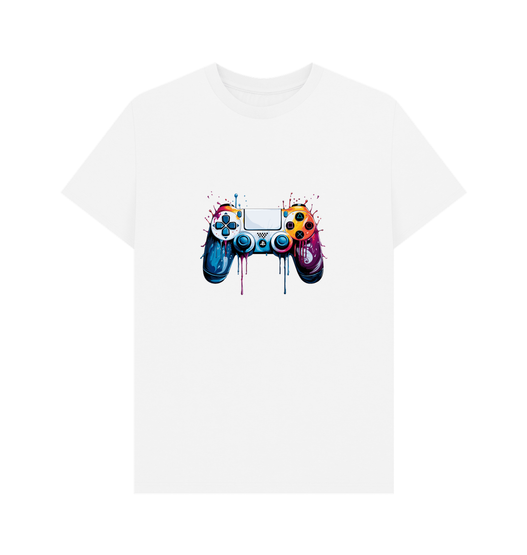 White t-shirt with colorful game controller graphic