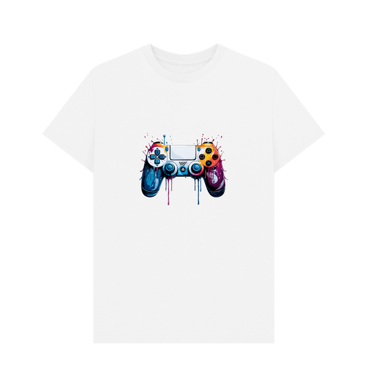 White t-shirt with colorful game controller graphic