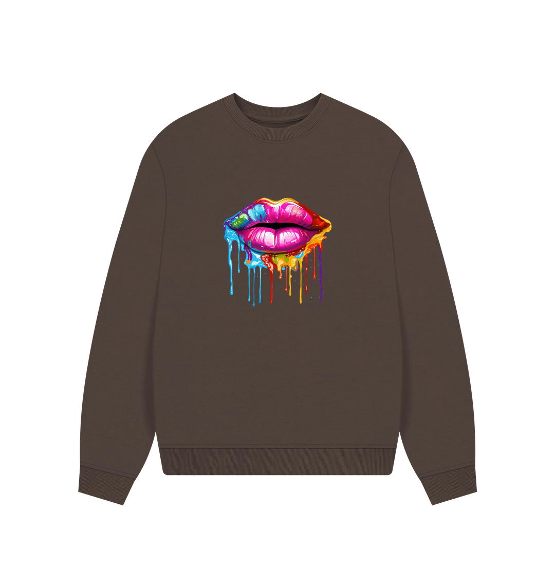 Brown sweatshirt with colorful dripping lips graphic