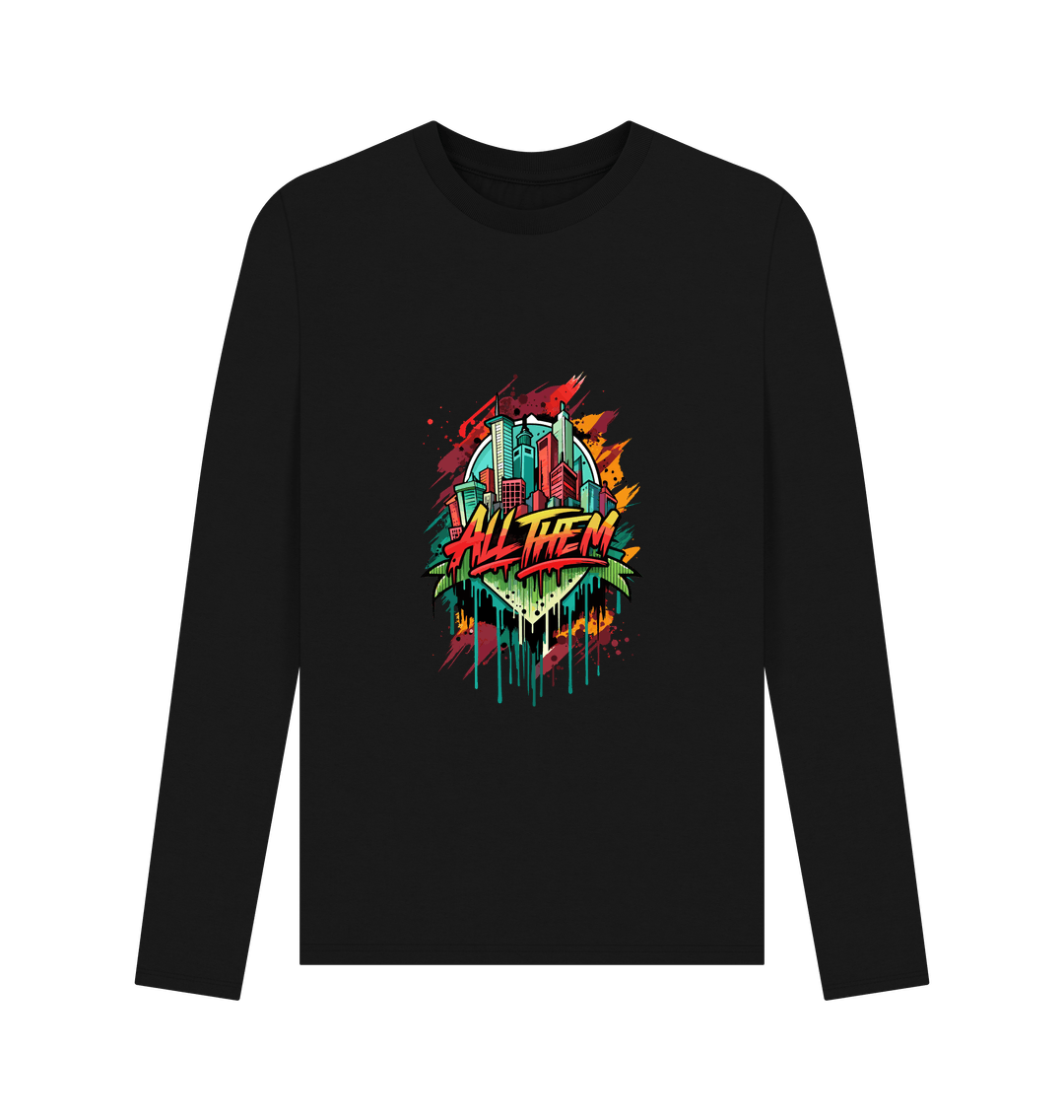 Black long-sleeved t-shirt with colorful city graphic
