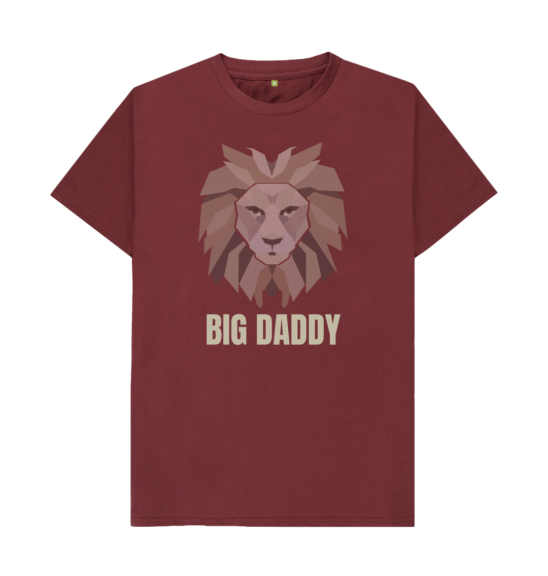 Maroon t-shirt with lion graphic and text