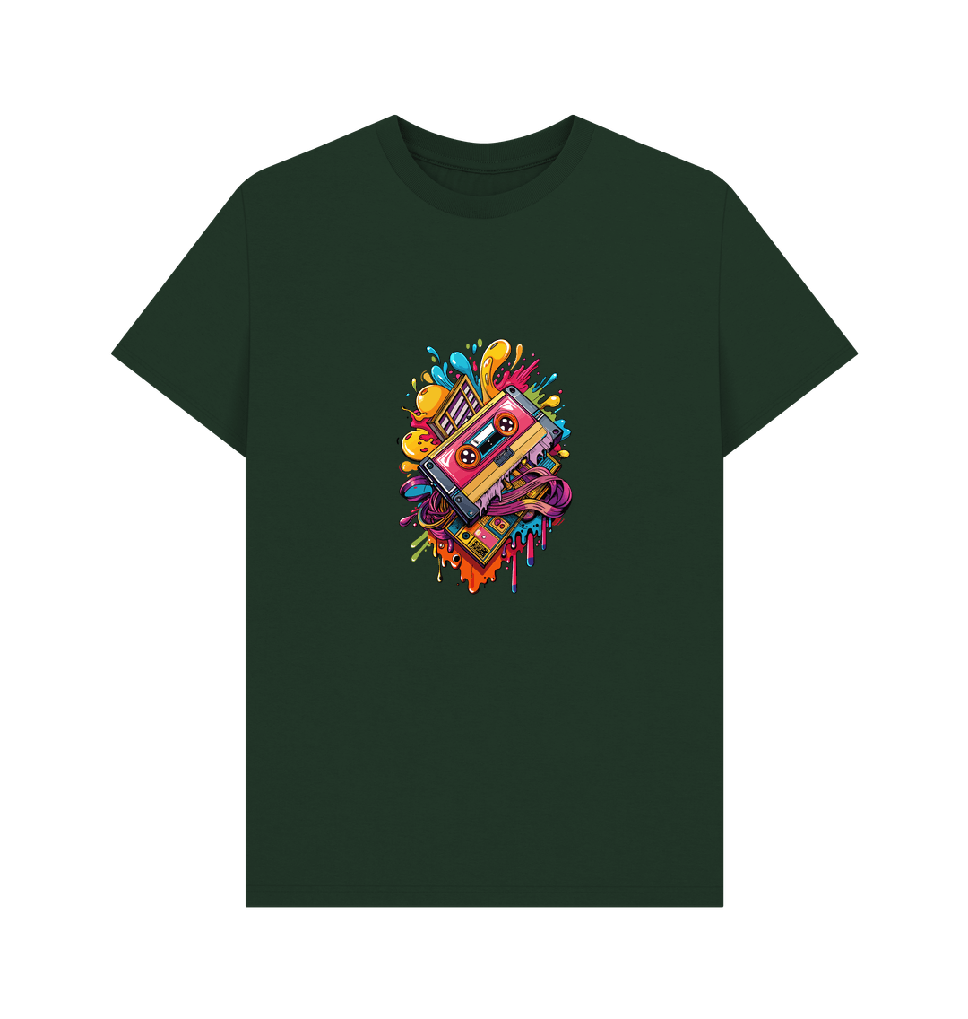 Dark green t-shirt with colorful cassette tape design